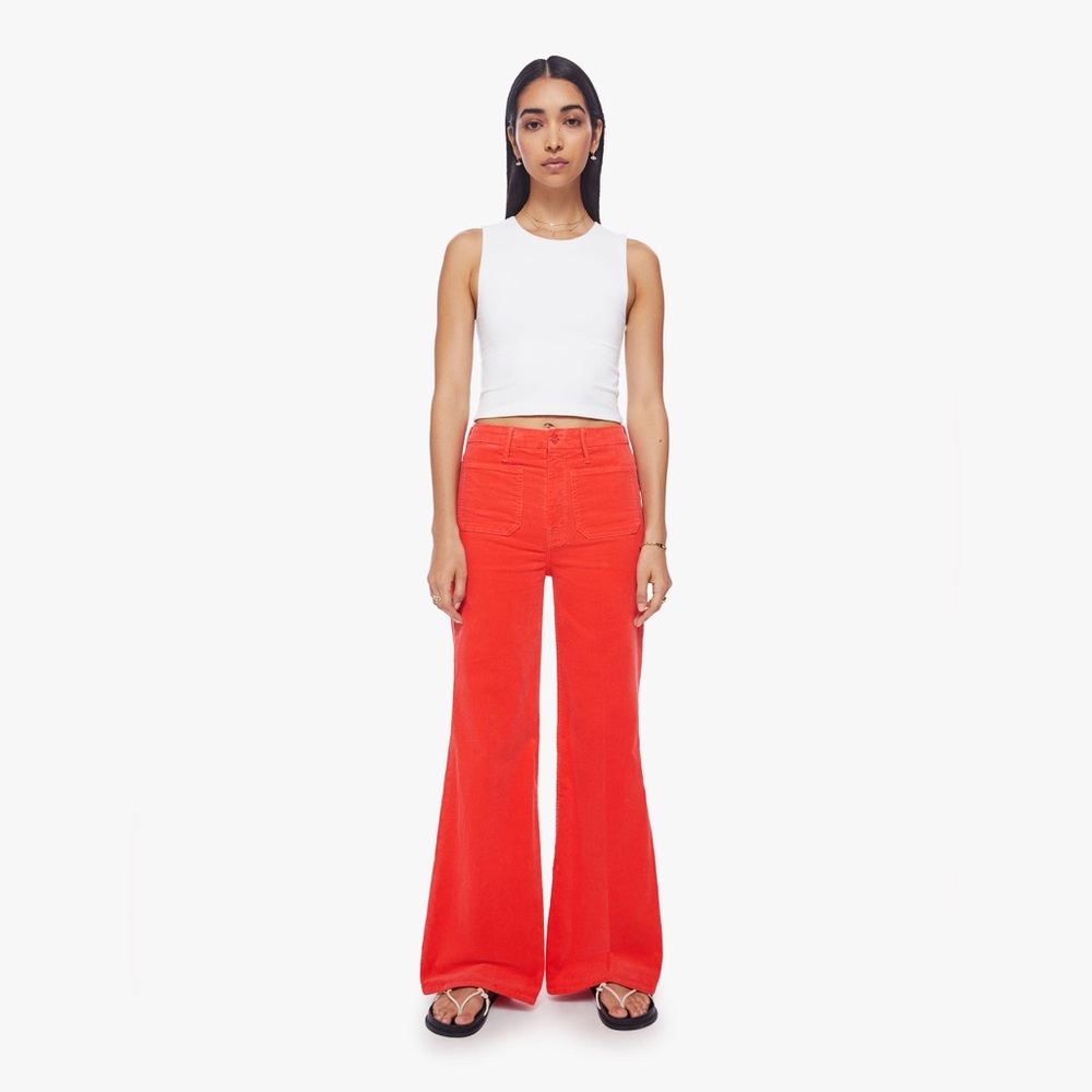 MOTHER patch pocket roller skimp jean wide leg flare 70s corduroy red ember